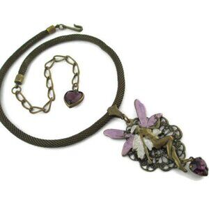 Vintage Banana Bob Art deco Fairy pink Swarovski Crystal Heart Brass Necklace